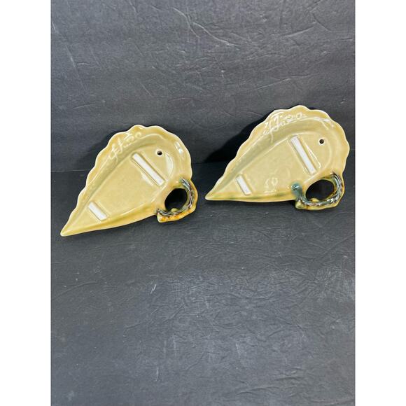 Vintage Hull Wall Pockets Pair Set Woodland Floral Green Pink 1940s Conch Shell - Picture 8 of 11